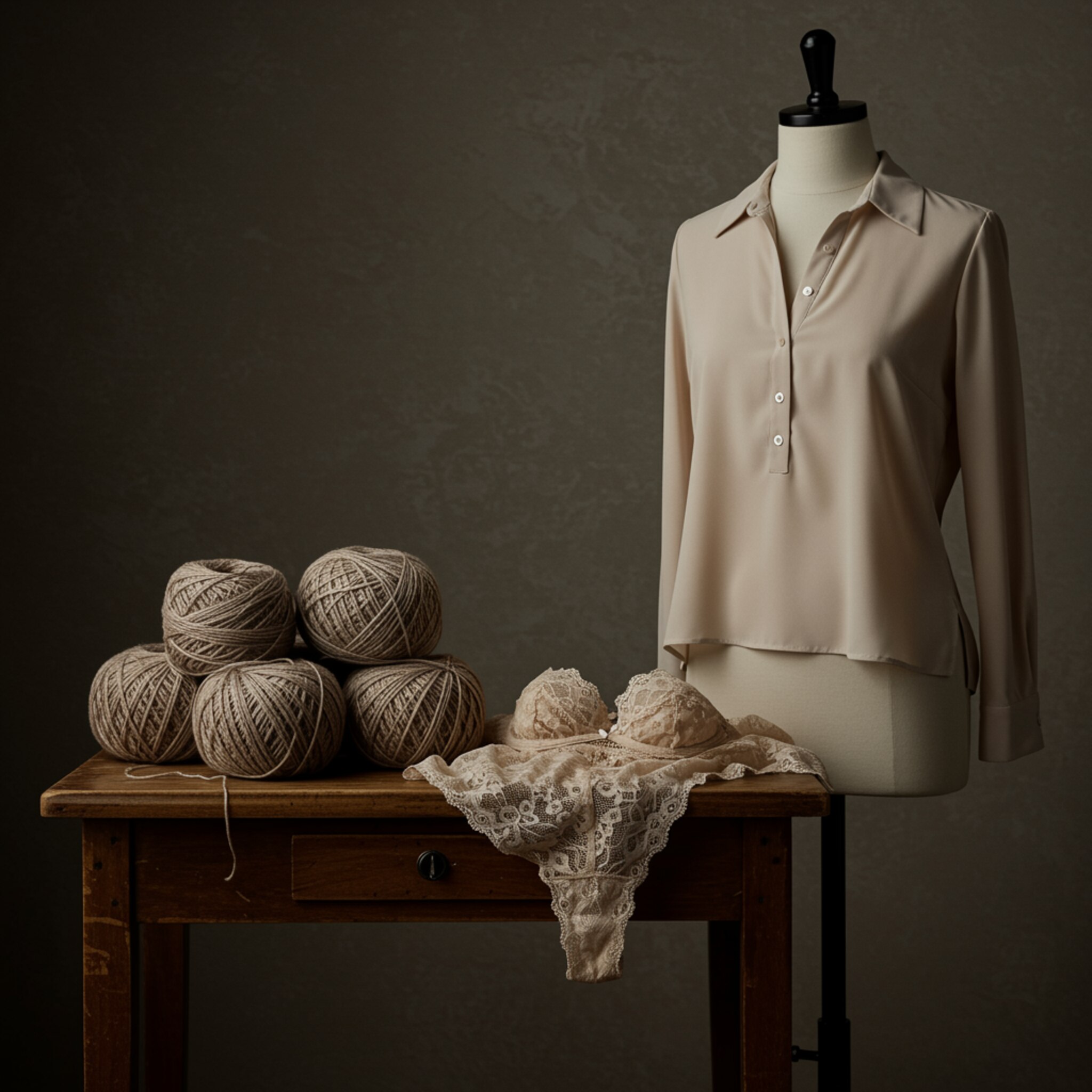"Composición de still life elegante con hilos de lana premium en tonos tierra, lencería de encaje y blusa femenina sobre un maniquí, resaltando la calidad y sofisticación en fotografía de moda editorial."