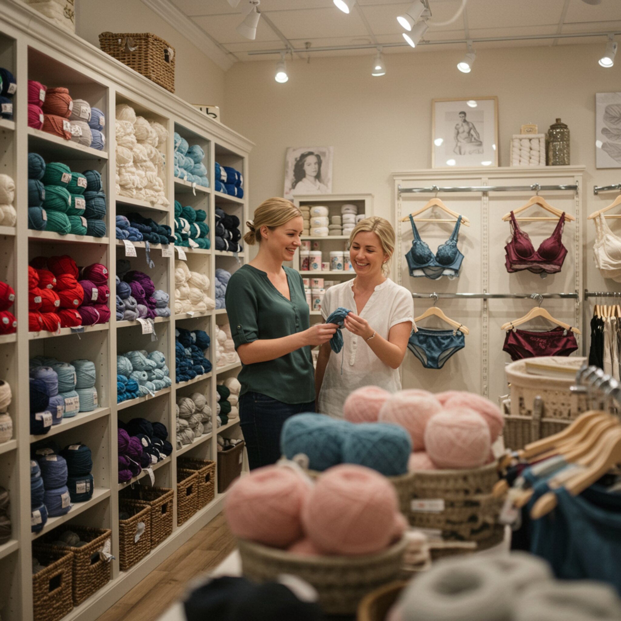 "Interior de boutique elegante con estanterías de hilos de lujo y lencería femenina, donde una amable empleada ayuda a una clienta, todo en un ambiente cálido y acogedor."