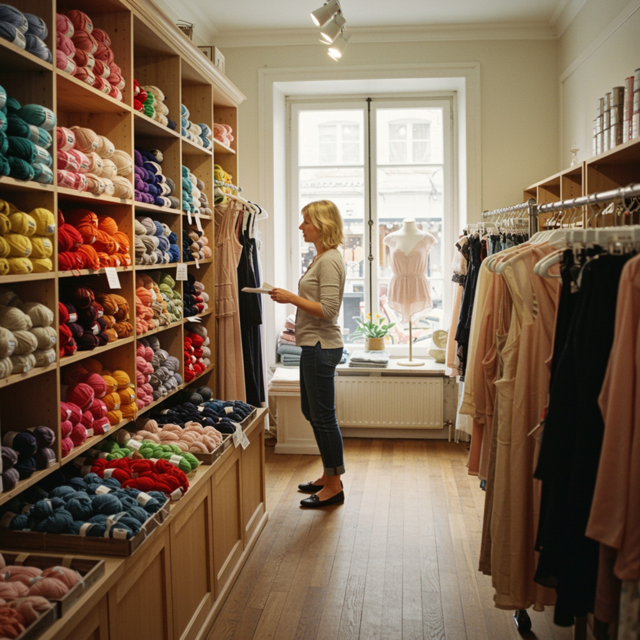 "Imagen de una boutique elegante con una mujer blanca explorando un colorido exhibidor de ovillos de lana y ropa íntima femenina, resaltando la calidad y variedad en un ambiente luminoso y acogedor."
